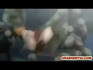 To ngực hentai tàn nhẫn groupfucked qua quái vật